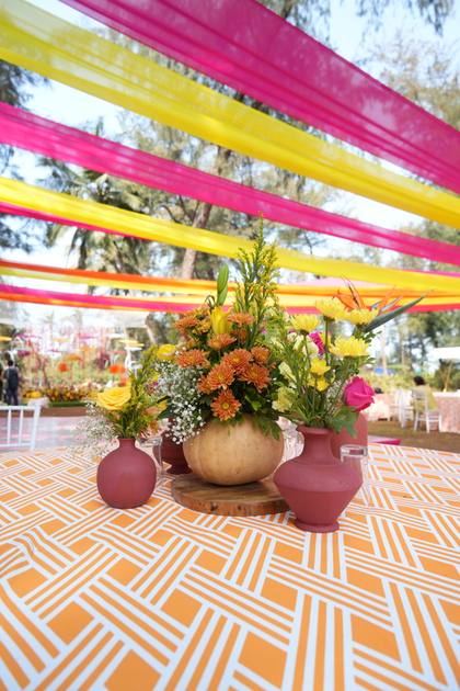 Tablescape and Ceiling — Mehendi decor — ITC Grand Goa